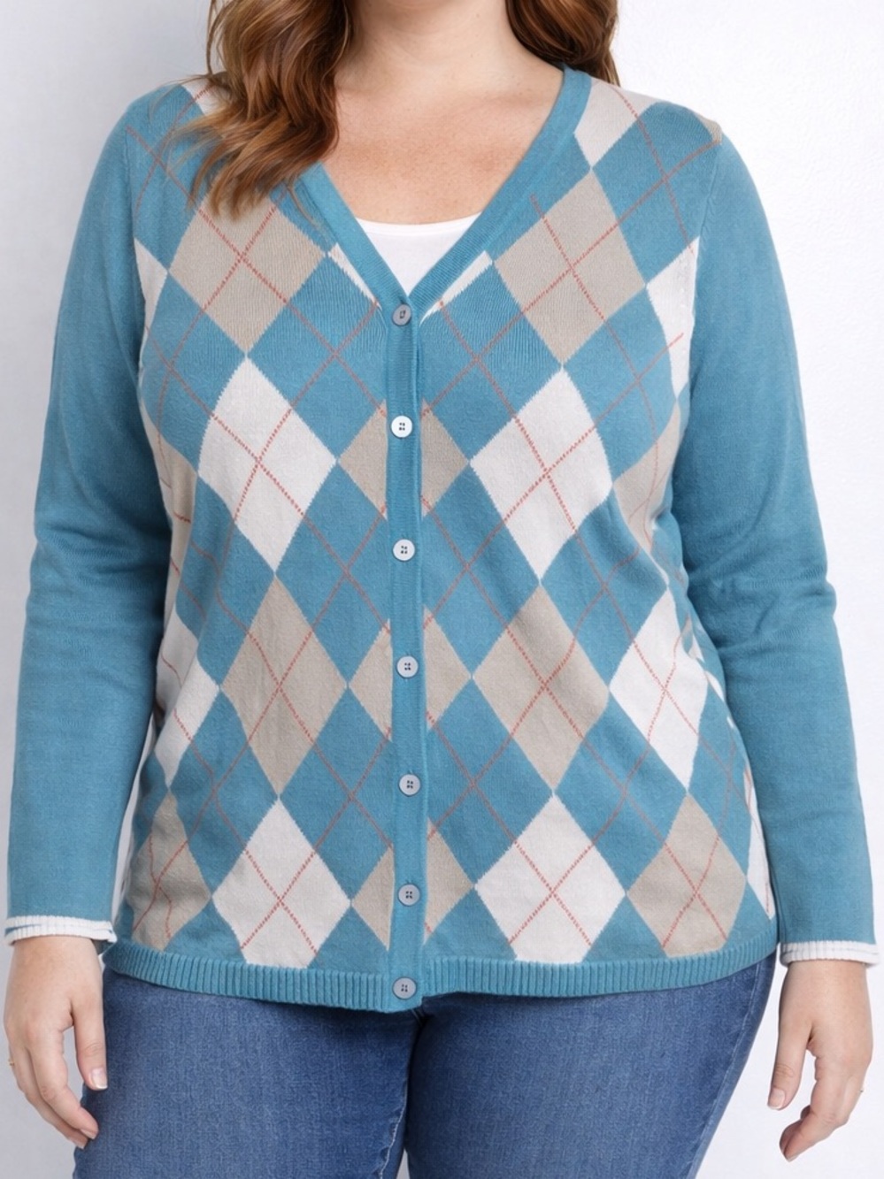 NWT‎ Christopher & Banks Cotton Cardigan Medium Blue White Long Sleeves Diamond
